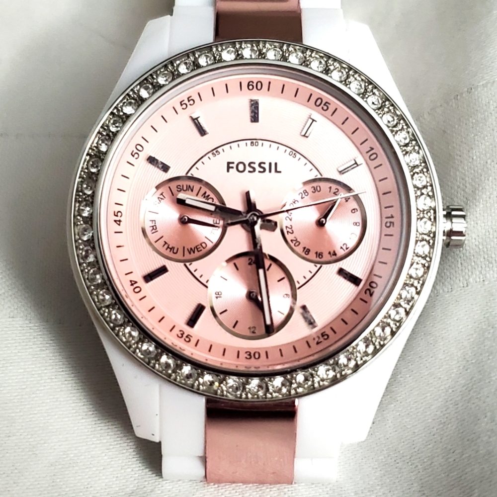 Rose Gold Fossil Watch with Crystal Inlay